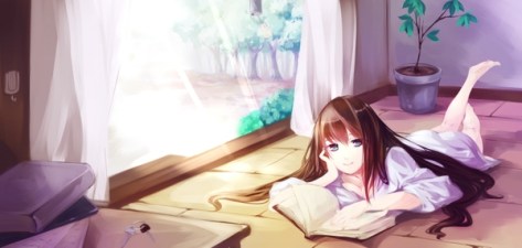 blue eyes reading long hair books smiling lying down anime girls black hair 3224x1535 wallpaper_wallpaperbeautiful_26